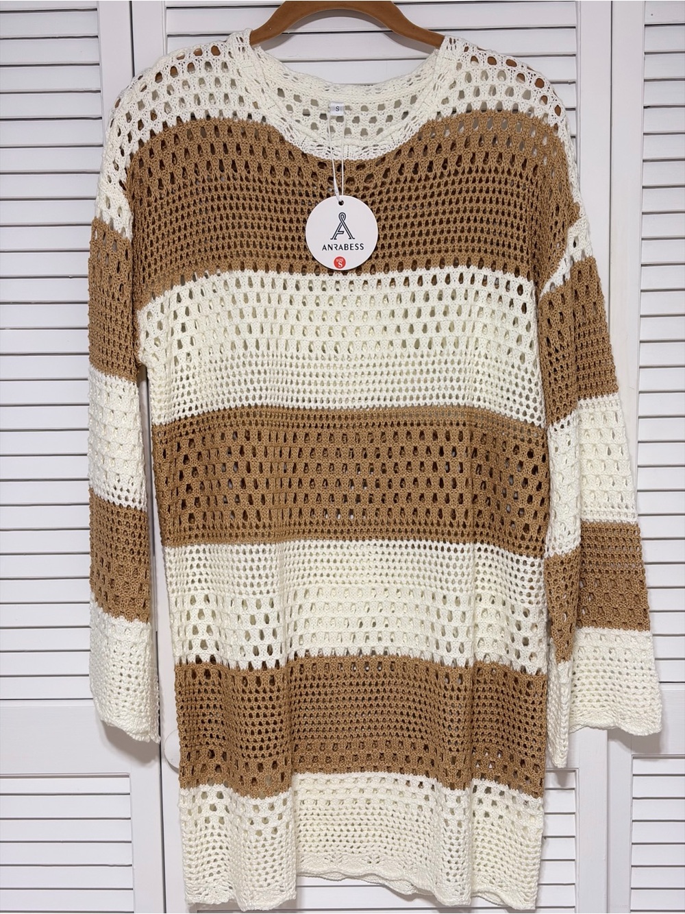 ANRABESS Cream and Brown Striped Open-Knit Scoop Neck Sweater